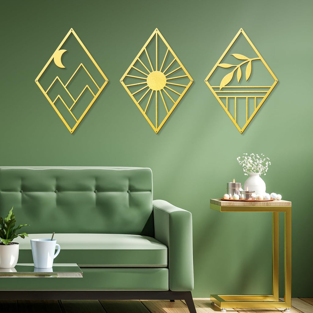 Sokurdeg Gold Metal Wall Art, Boho Minimalist Geometry Wall Art, Bohemian Abstract Line Metal Art Wall Decor for Bedroom Bathroom Living Room (3 Pack, 12 x 17 in)