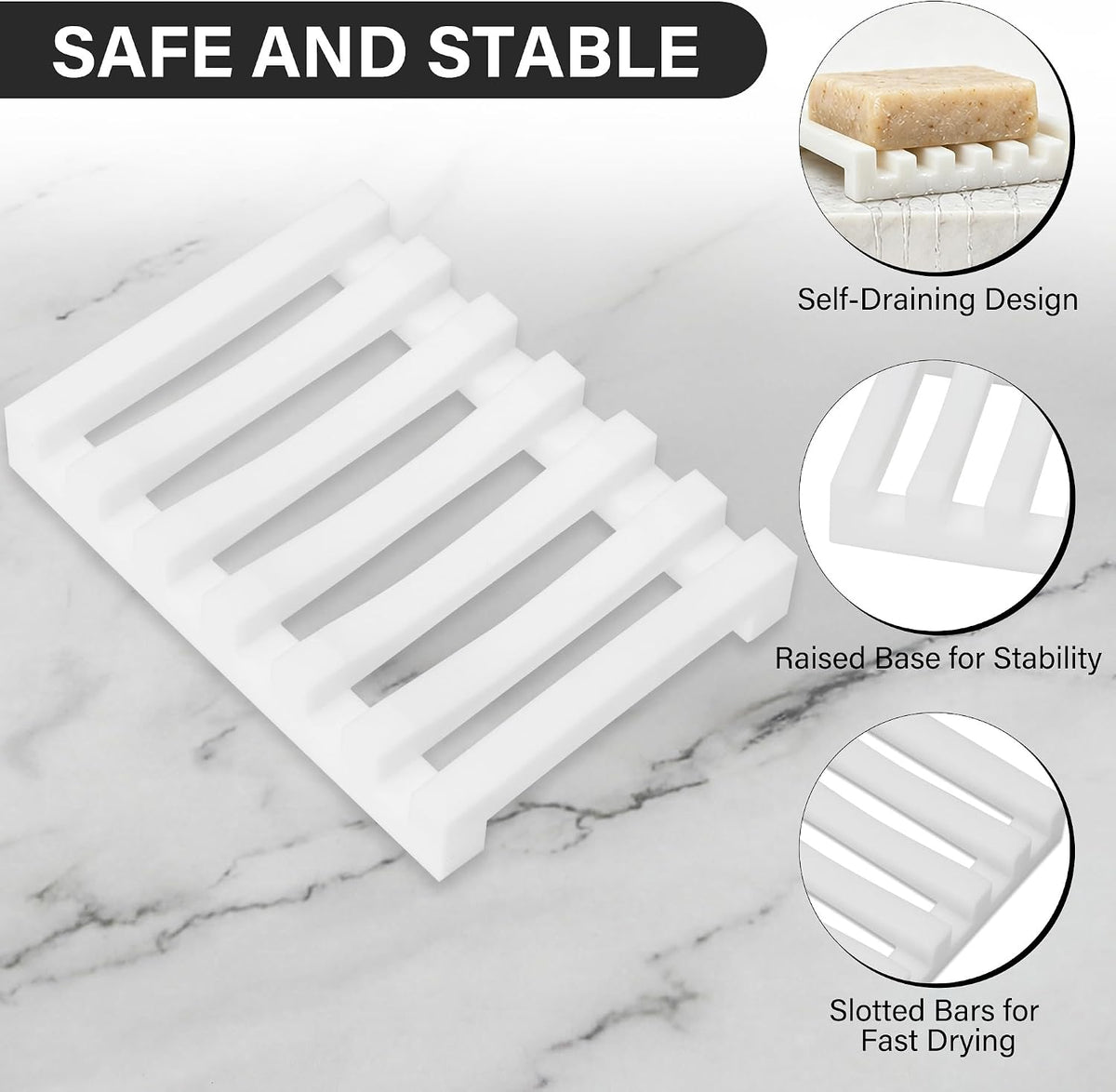 Slotted Silicone Soap Dish 2 Pcs, Self Draining Soap Holder with Raised Bar Design, Non Slip Soap Saver Tray, Quick Dry Soap Dish for Bathroom Kitchen Sink Shower, White