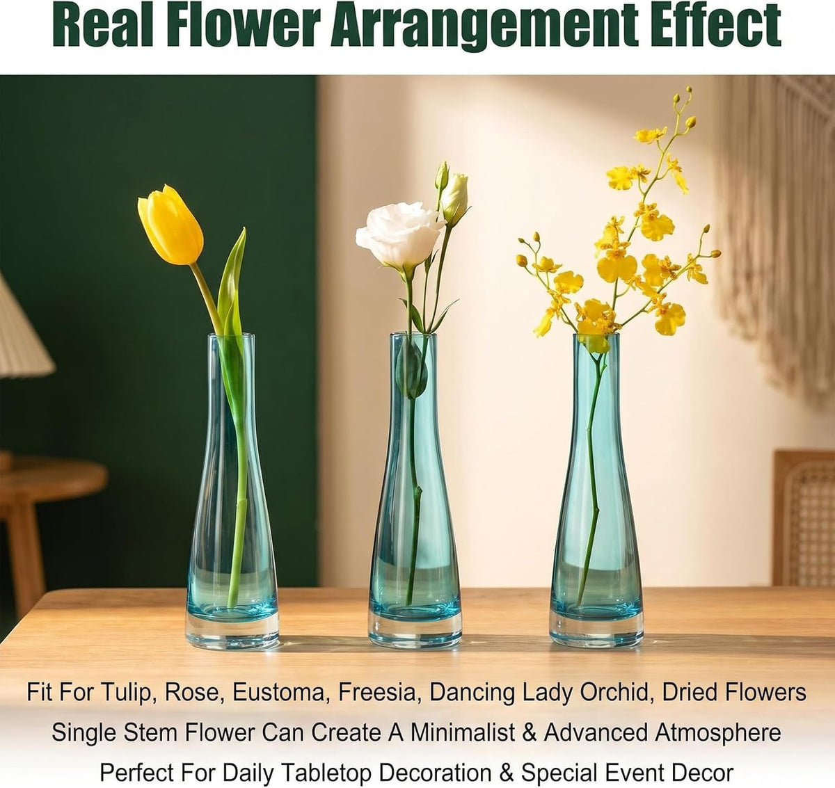 Hand-Made Blown Art Glass Single Bud Vase Clear Blue Single Stem Flower Container Small Vase for Home Office Décor