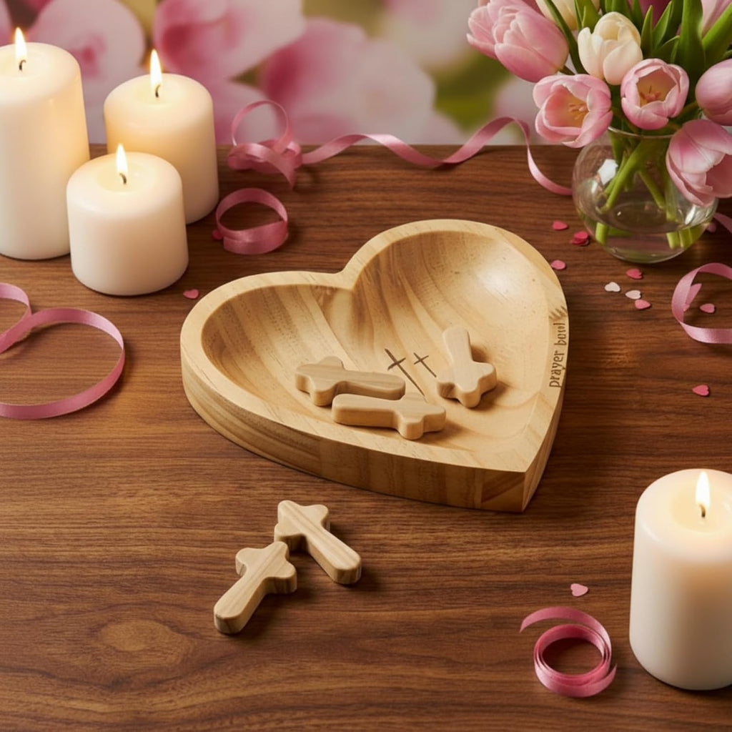 LemonRoad 36 Pcs Prayer Bowl Set Christian Gifts Wooden Prayer Bowl with 5 Wood Hand Held Crosses 30 Printed Cards Religious Gift for Mom Dad Birthday Retirement Home Table Decor(Heart)