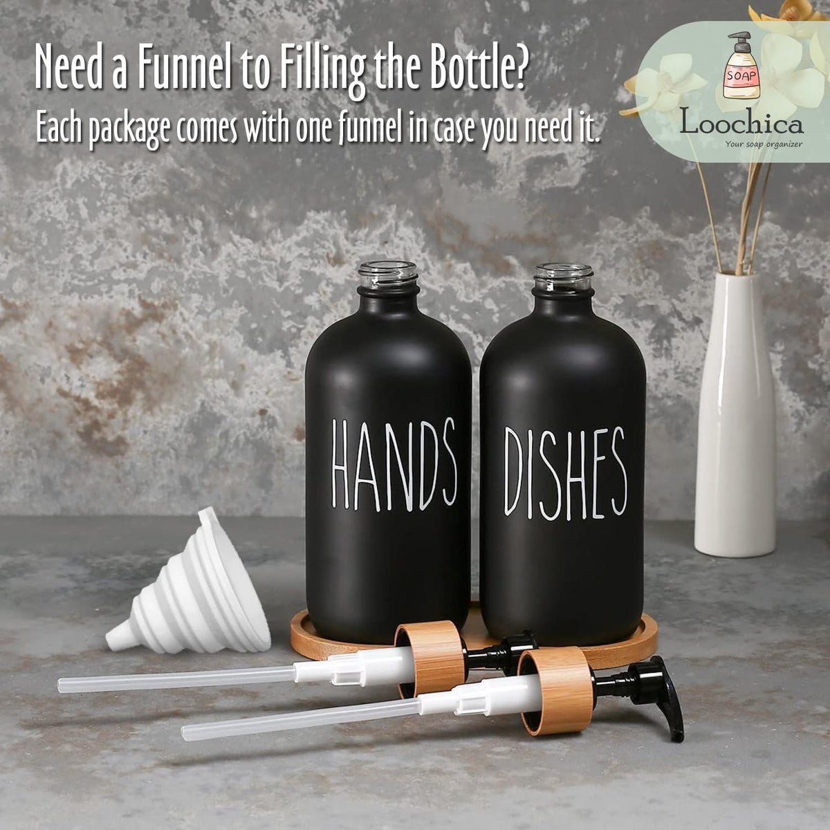 LOOCHICA 2 Pack Black Glass Soap Dispenser Set with Tray, Hand and Dish Glass Soap Dispensers for Kitchen Sink, Matte Black Soap Dispenser Suitable for Kitchen Sink, Rustic Kitchen Décor