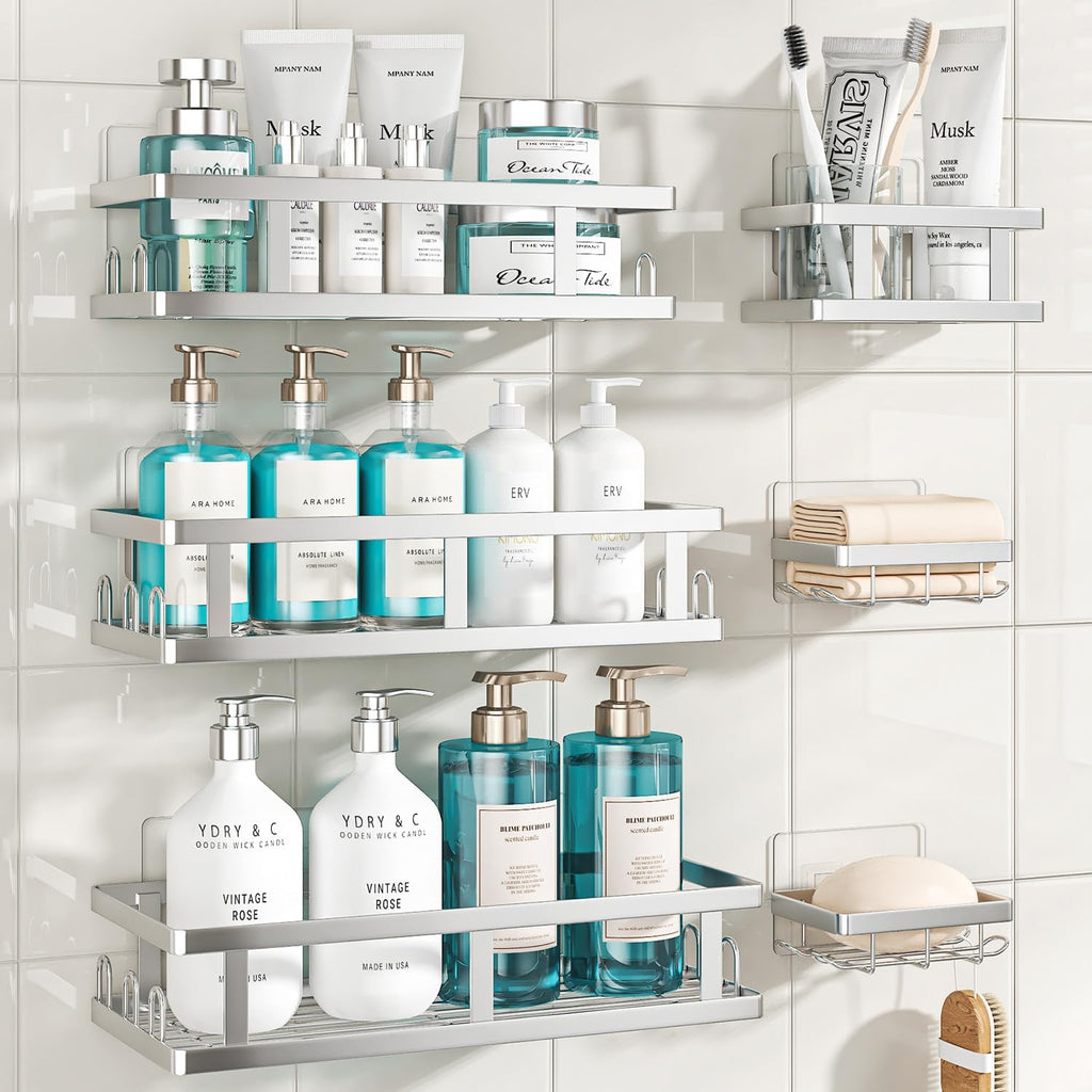 Youvip 6 Pack Shower Shelves, No Drilling Shower Organizers, Silver