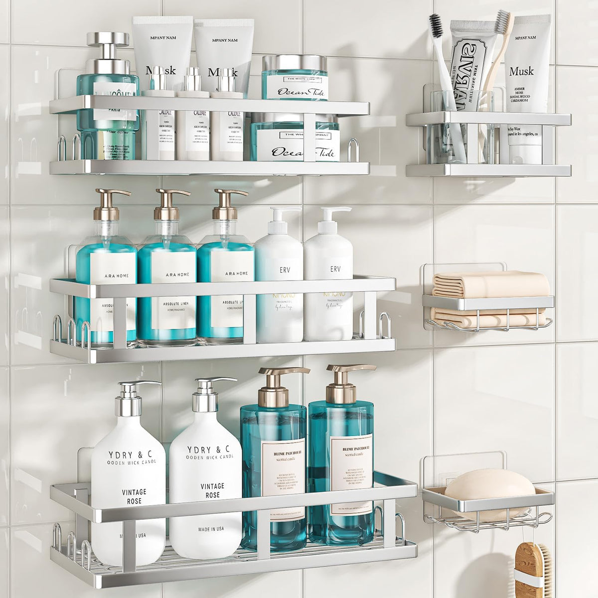 Youvip 6 Pack Shower Shelves, No Drilling Shower Organizers, Silver