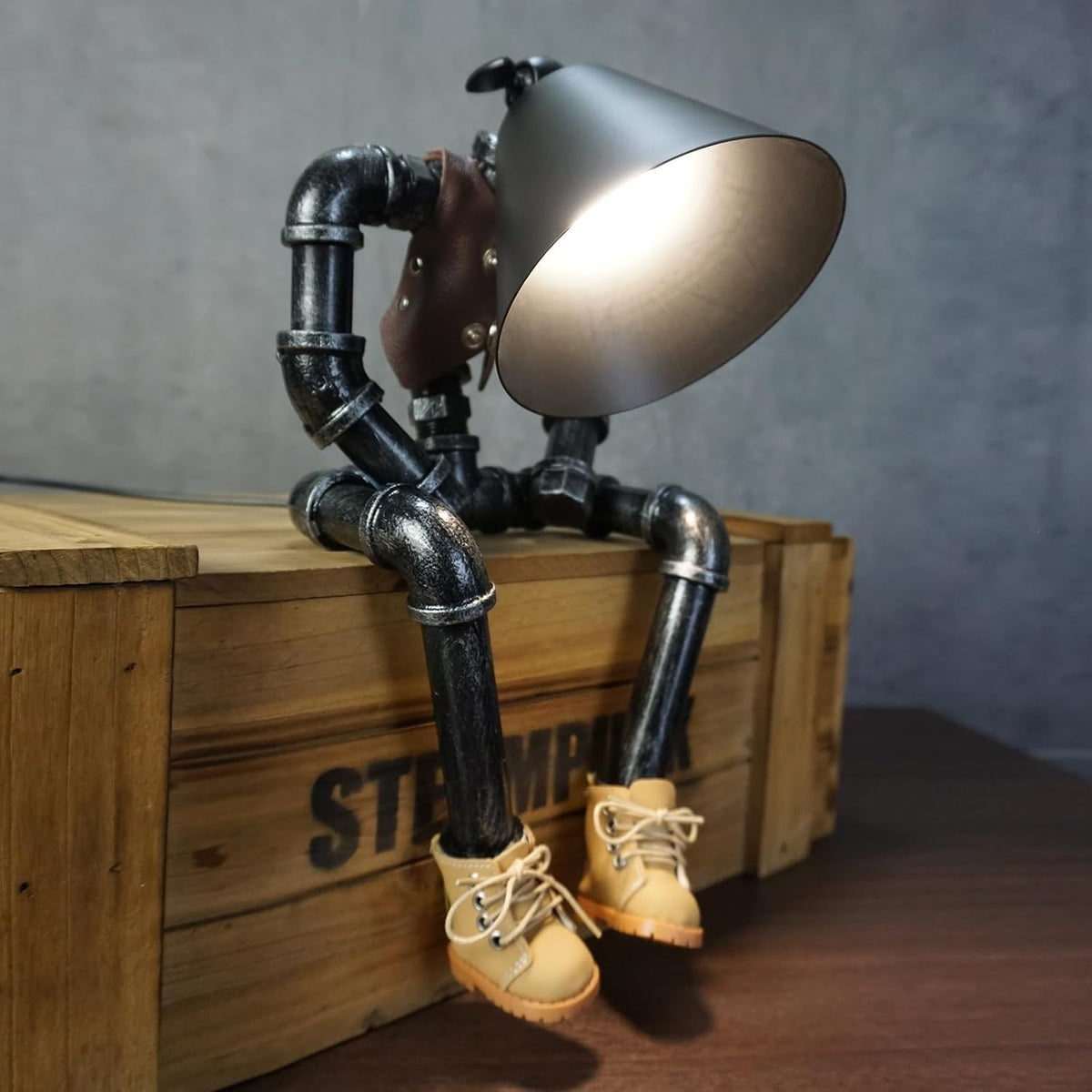 Steampunk Cowboy Robot Table Lamp, Boots & Vest Jacket Design with Metal Pipe Industrial Robot Lights, Adjustable Brightness Cool Desk Lamp,Unique Retro Decor & Creative Art Gifts for Men