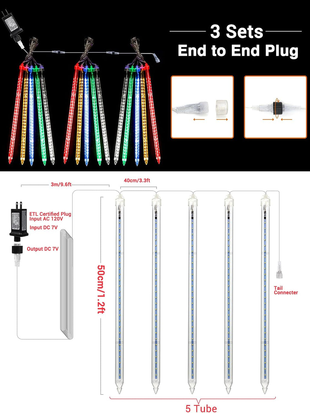 Flacchi Meteor Shower Icicle Lights - 5 Tubes 20" Each 270 LED Cascading Raindrop Lights, Timer Outdoor Waterproof Christmas Decorations for Holiday Party(5 in 1 Multi-Colored)