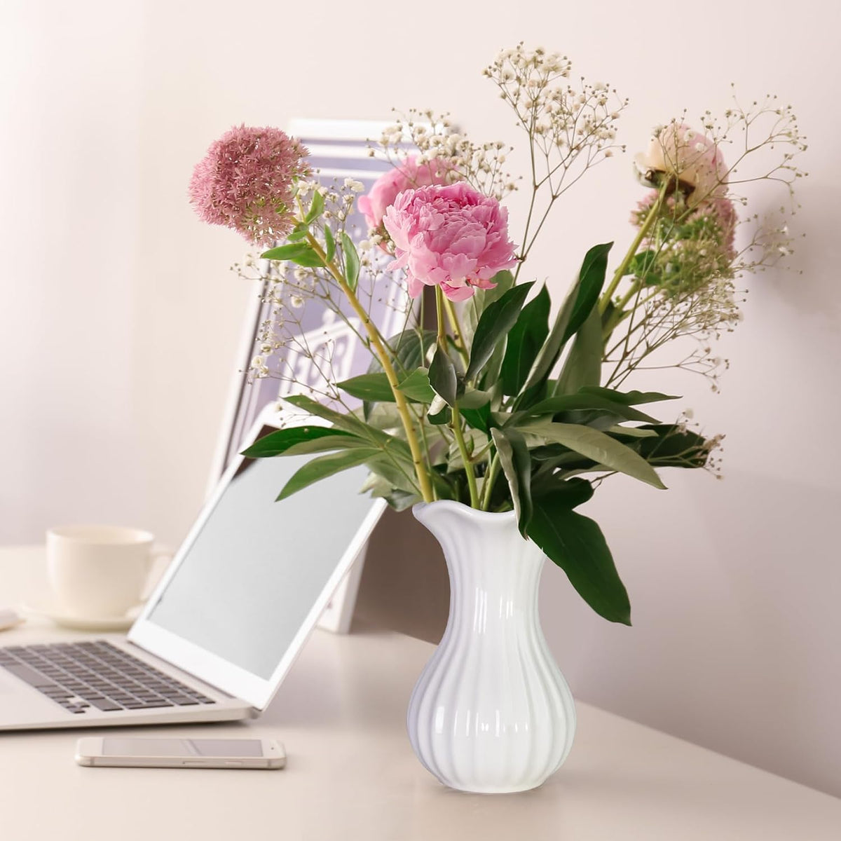 White Ceramic Vase, Small Vase for Home Decor, Flower Vase Centerpiece
