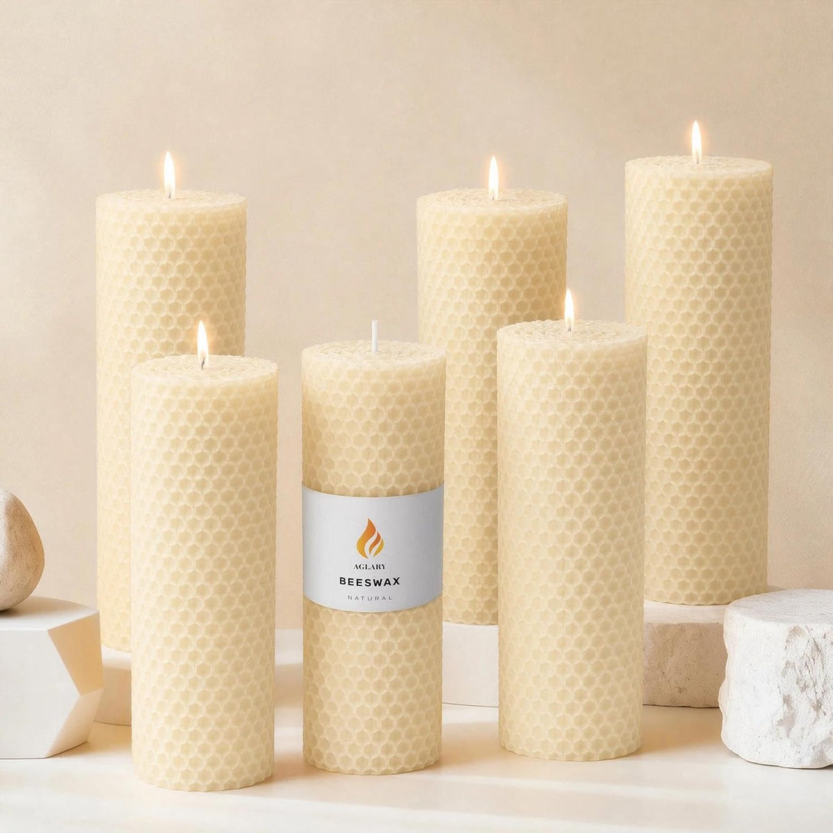 6-Pack 2x6 Beeswax Pillar Candles, Hand-Rolled Honeycomb Candle, Off-White