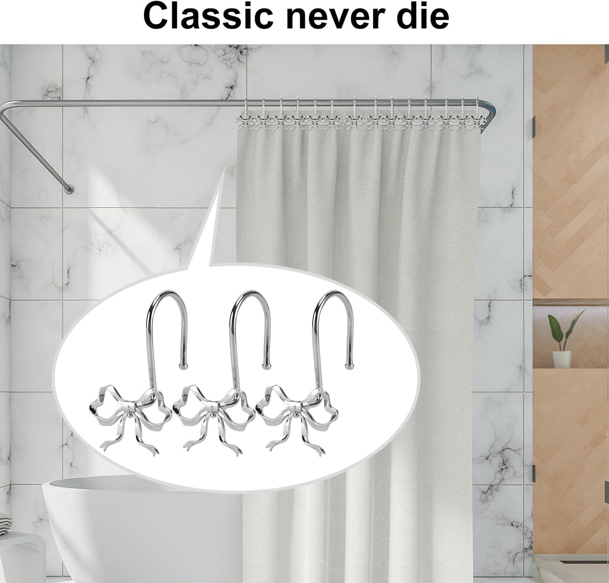 Bow Shower Curtain Hooks, 12-Pack Silver Metal Decorative Bow Knot Rings