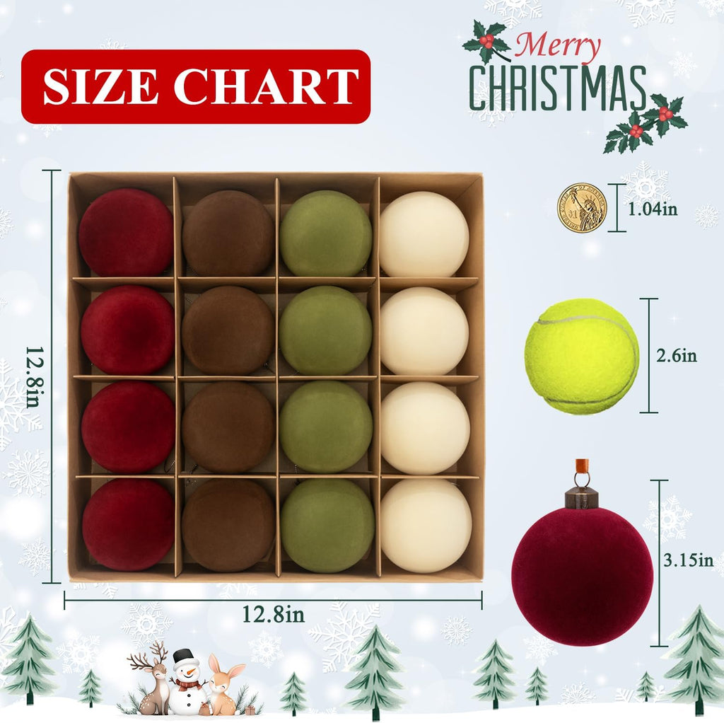 3.15" Velvet Christmas Ball Ornaments Set, 16 pcs Flocked Xmas Tree Decoration, Large Shatterproof Decorative Hanging Balls for Party Holiday Wreath Garland Home Décor (Red Brown Green White)