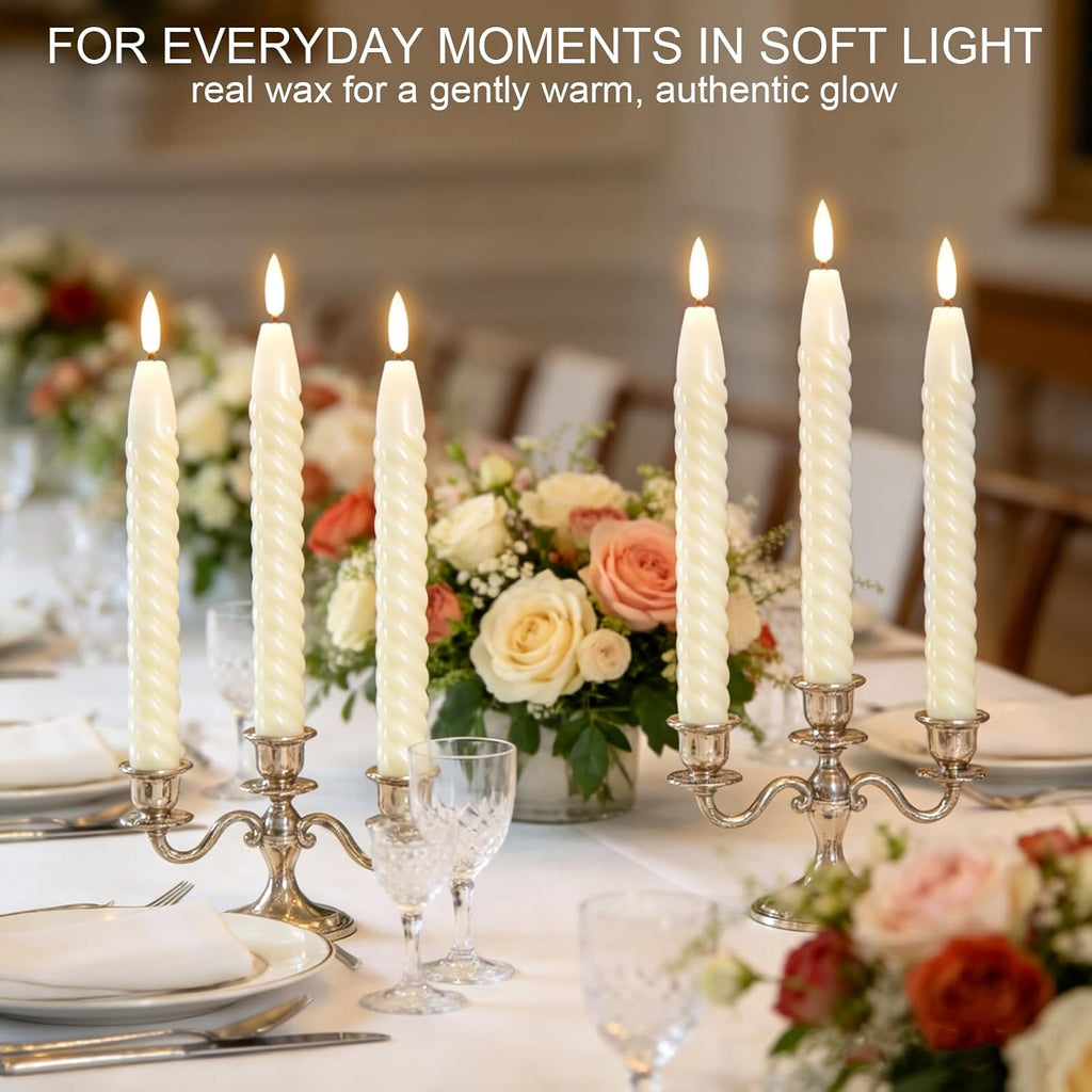 Ivory Flameless Taper Candles Flickering with Remote Timer