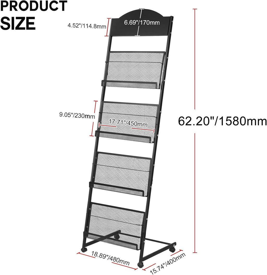 LIWSHWZ Brochure Display Stand,4-Tier Magazine Rack,Floor-Standing Magazine Literature Display Stand with Wheels,High-hardness metal,for Shop Exhibitions Office