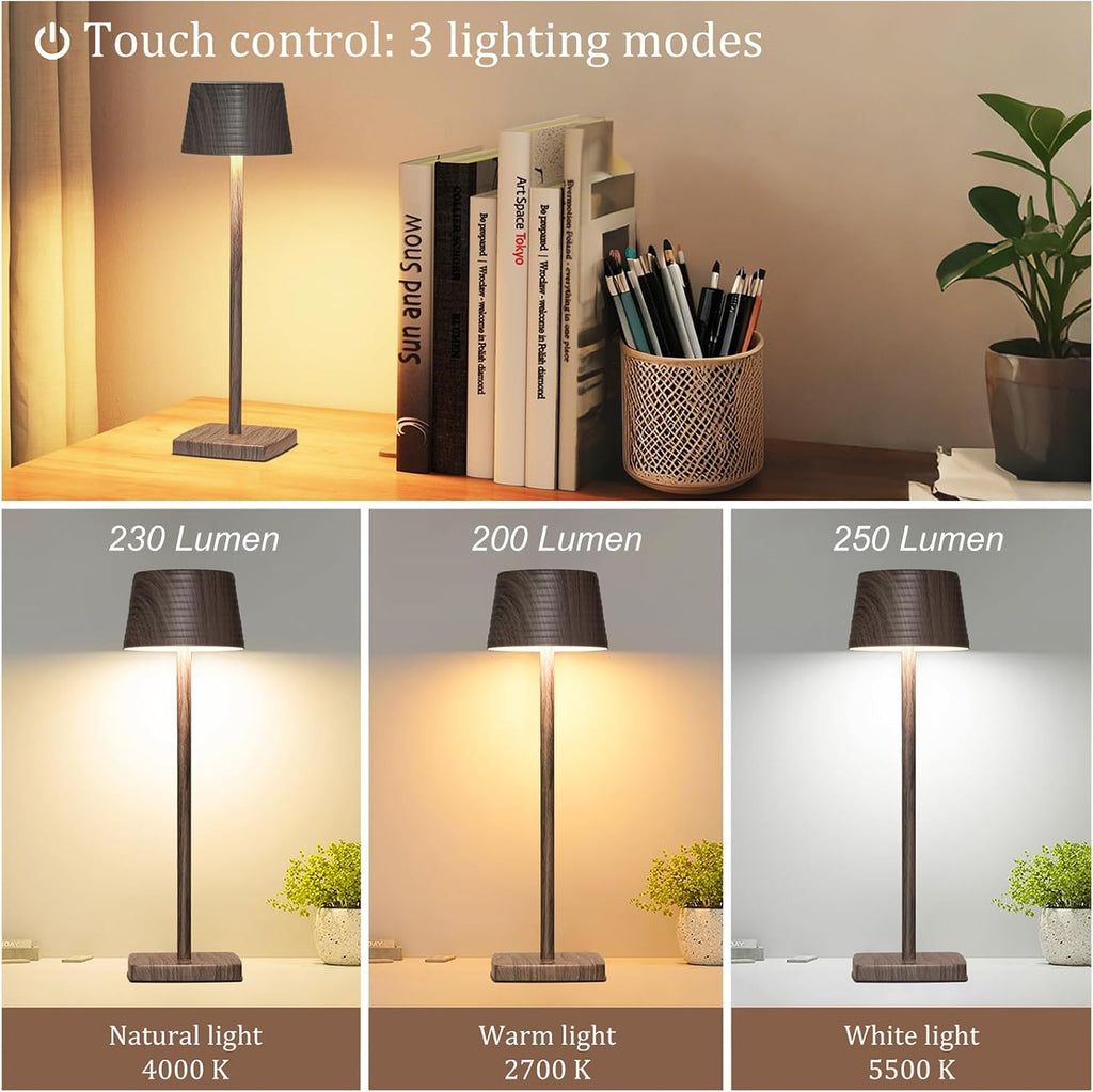 Cordless Rechargeable LED Table Lamp Set of 2, Walnut