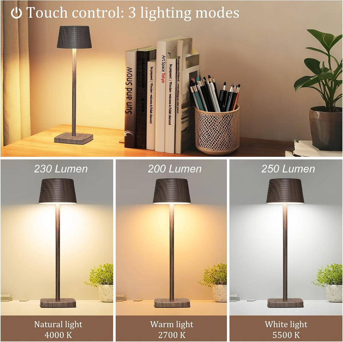 Cordless Rechargeable LED Table Lamp Set of 2, Walnut