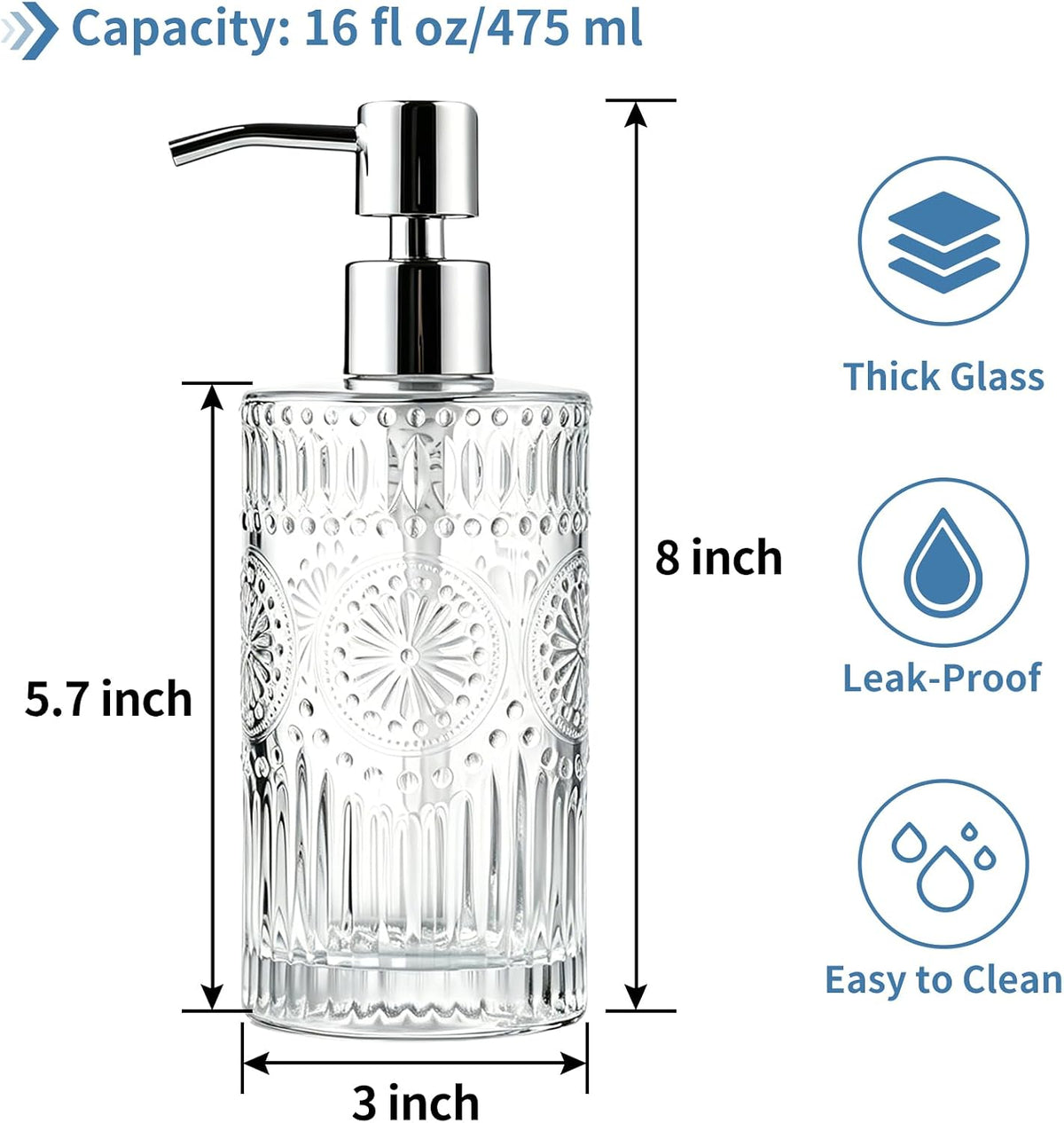 Vintage Glass Soap Dispenser, 16 fl oz Refillable Liquid Hand Soap Bottle with Pump, Sunflower Embossed Dish Soap Dispenser for Bathroom, Kitchen, Shower (Clear)