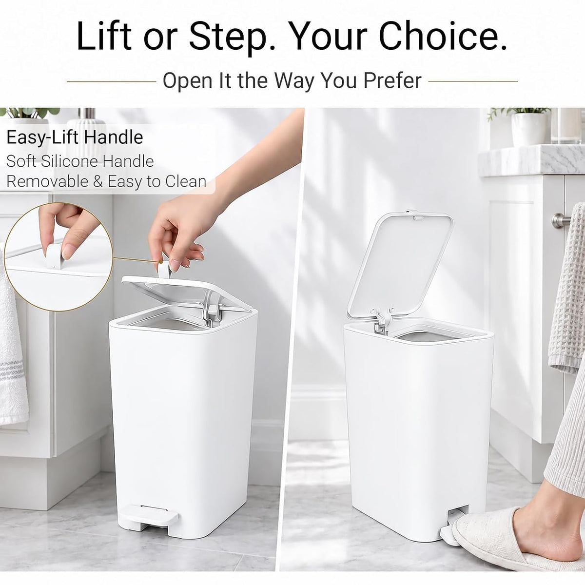 Small Bathroom Trash Can with Lid, Slim Garbage Can, 3.2 Gallon, White