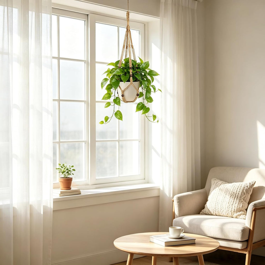 Mkono Macrame Plant Hanger Indoor, 29 Inch Hanging Planter Holder Brown