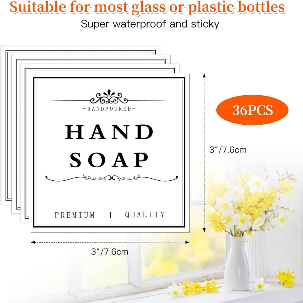 36PCS Waterproof Labels for Bottles, Hand Soap Lotion Shampoo and Conditioner Dispenser Label Stickers, Removable Cleaning Bathroom Labels for Glass or Plastic Bottles(3"x3")