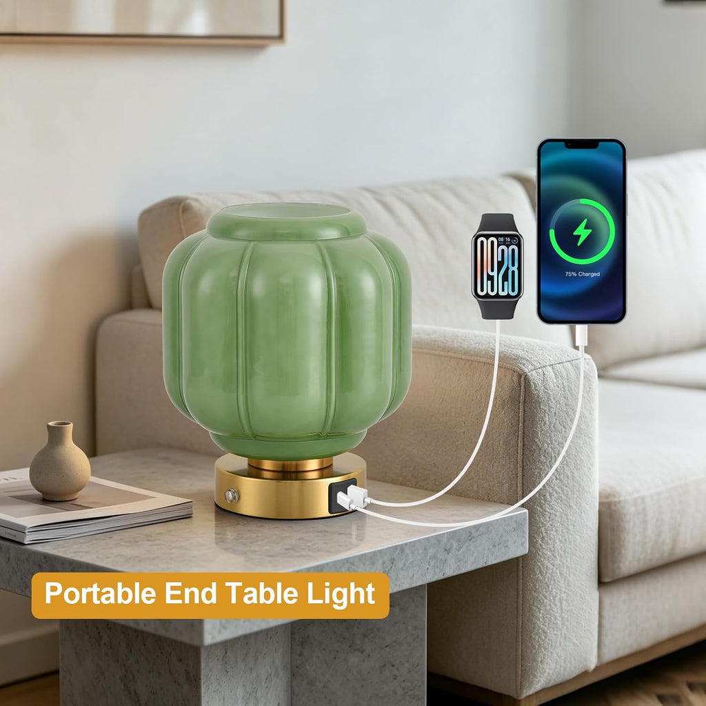 Rechargeable Table Lamp, Cordless Green Glass Bedside Lamp Small