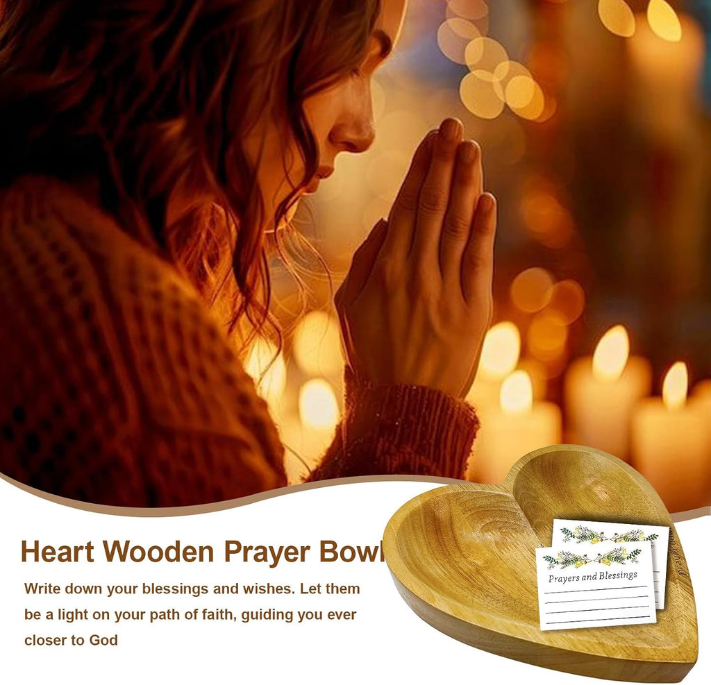 Prayer Bowl with 24 Cards, Heart Shaped Prayer Bowl Wooden