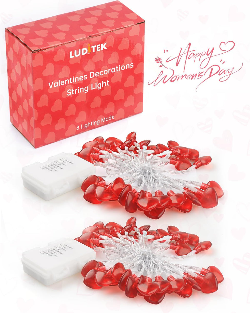 Luditek 2 Pack Total 29ft 80LED Valentines Day Decorations Battery Operated String Lights, Heart Shape Valentines Day Decor for Indoor Outdoor Home Room Party Wedding