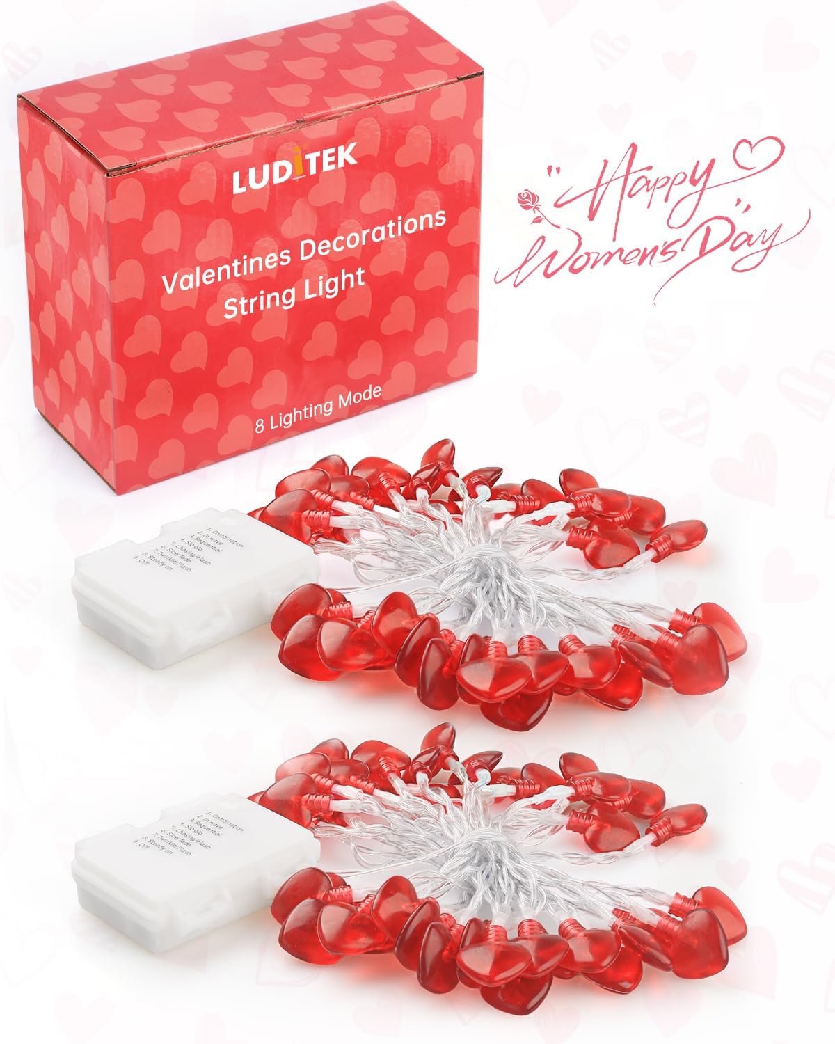 Luditek 2 Pack Total 29ft 80LED Valentines Day Decorations Battery Operated String Lights, Heart Shape Valentines Day Decor for Indoor Outdoor Home Room Party Wedding