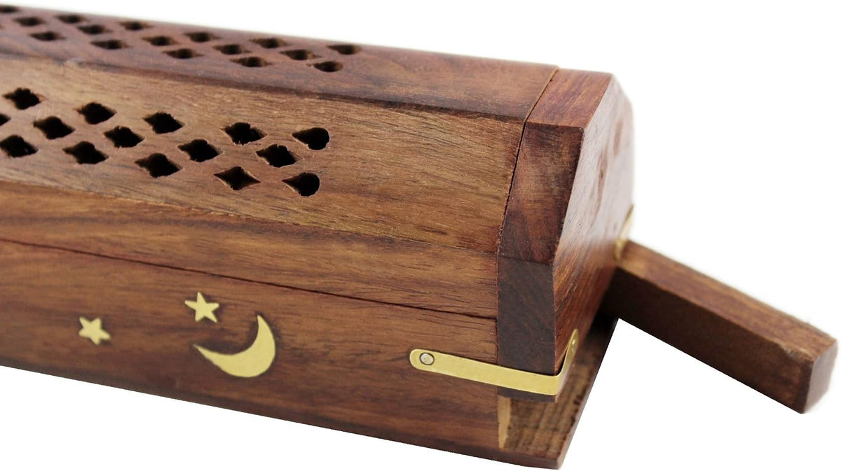 COTTON CRAFT Sheesham Wood Incense Burner Holder -Sun Moon Star Brass Inlay