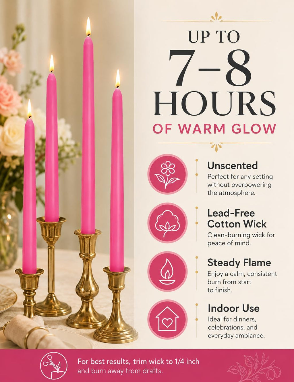 Hot Pink Elegant Taper Candles for Romantic Home Décor and Events