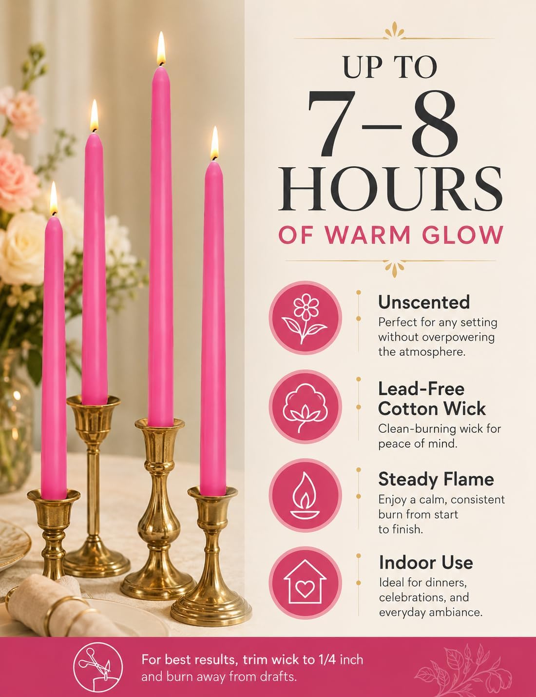 Hot Pink Elegant Taper Candles for Romantic Home Décor and Events