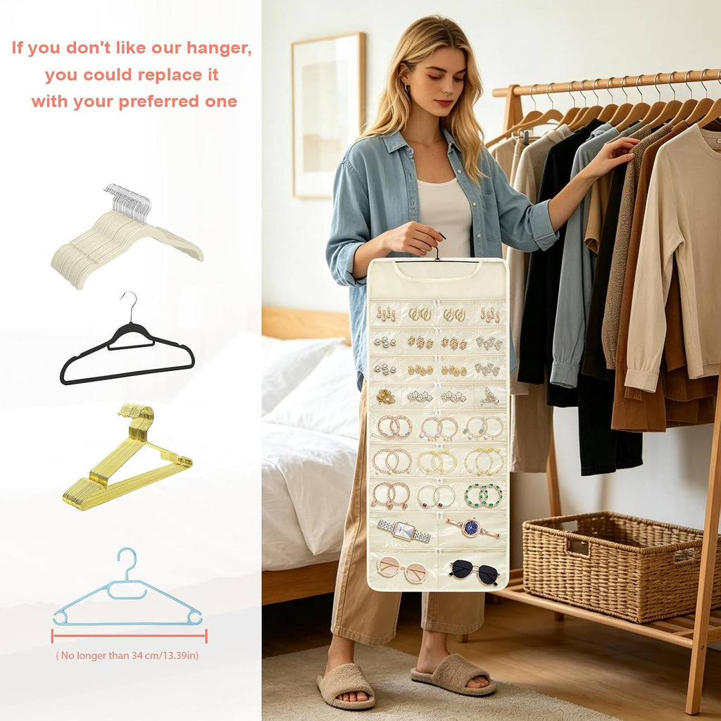 FOREGOER Hanging Jewelry Organizer 32 Zippered Pocket, 2-Sided, Beige