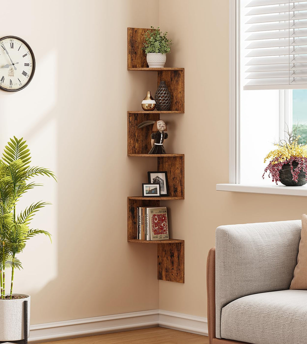 VIMBER 5-Tier Corner Shelf Wall Mount, Corner Bookshelf, Industrial Corner Ladder Shelf, Modern Display Shelf for Living Room, Bedroom, Kitchen, Home Office, Bathroom, Rustci Brown UJSJ003F