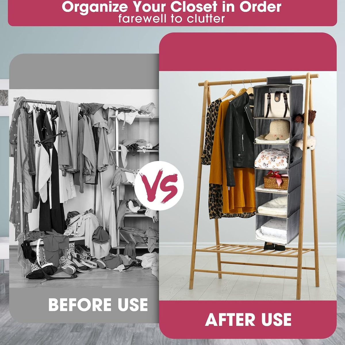 3 Pack Hanging Closet Organizers and Storage, 6 Shelf Hanging Clothing Shelves Collapsible Clothes Closet Organizer Storage Fabric Shelves with Side Pockets