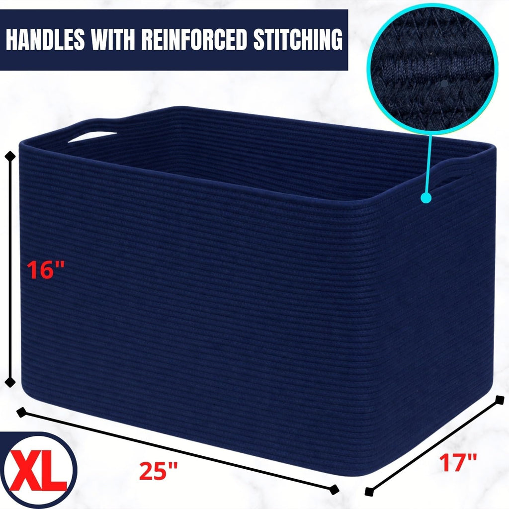 MINTWOOD Design 112L Extra Large Blanket Basket Holder Living Room, 25"x17"x16" Rectangle Rope Woven Storage Basket with Handles for Laundry, Towels, Shoes, Dog Toy Organizer Bin Box, Full Navy