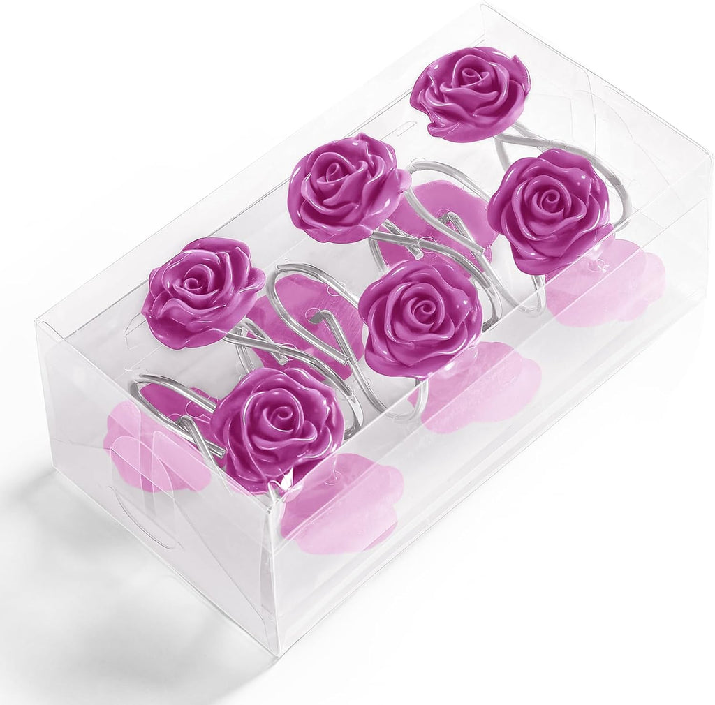 Cute Rose Floral Shower Curtain Hooks Rings for Bathroom,Burgundy 12PCS
