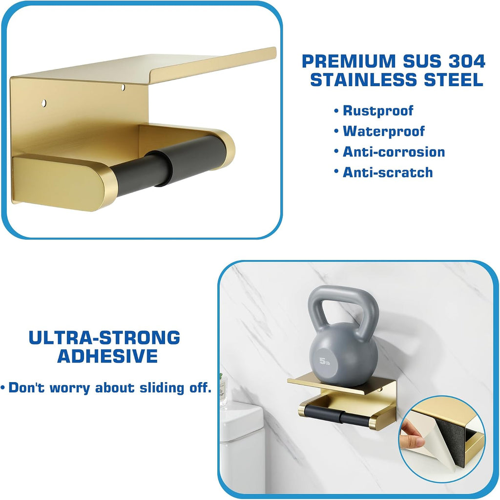 Alise Toilet Paper Holder with Shelf Wall Mount Adhesive or Screw in,Gold