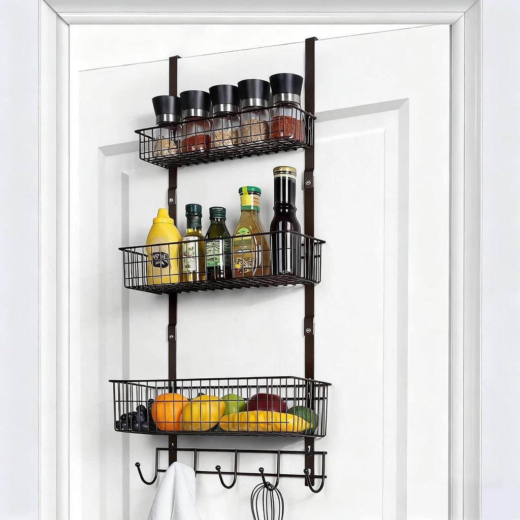 ETELI Over the Door Basket Organizer 3 Tier Hanging Basket Door Shelf Rack Heavy Duty Over Door Pantry Organizer with 3 Metal Baskets for Kitchen Bathroom Bedroom Living Room, Dark Brown
