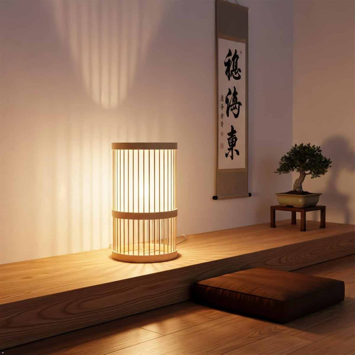 AFORTLO Table Desk Lamp,Janpandi Bamboo Boho Decorative Nightstand Night Light Japanese Hollow-Out Lamp Home Decor for Bedroom,Living Room,End Table or Office with Bulb(White)