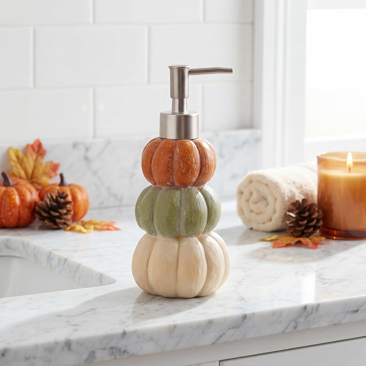 Fall Stacked Pumpkins Hand Soap Lotion Liquid Dispenser Bathroom