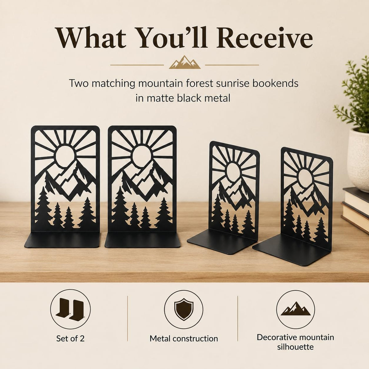Mountain and Forest Sunrise Bookends, Set of 2 (1 Pair), Matte Black Metal Book Ends for Shelves, Bookshelf, Desk and Home Library Decor
