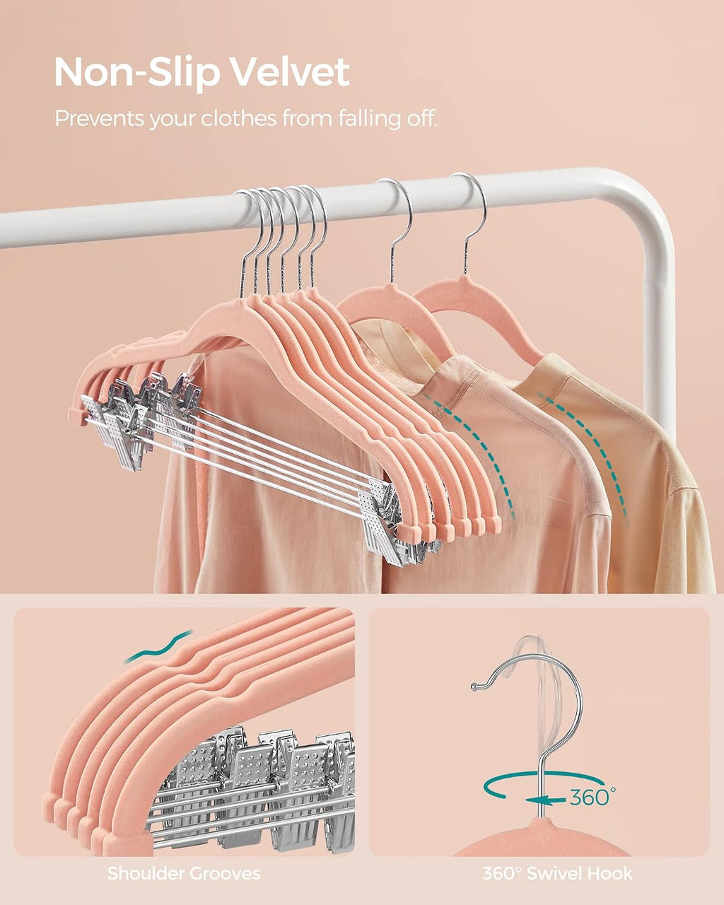 SONGMICS 30-Pack Pants Hangers, Velvet Hangers with Adjustable Clips
