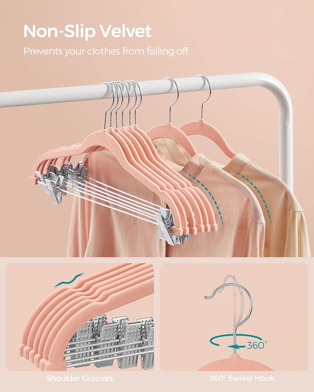 SONGMICS 30-Pack Pants Hangers, Velvet Hangers with Adjustable Clips