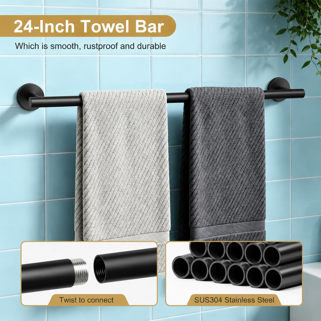 Black Bathroom Accessories Set, 6 Pieces Bathroom Hardware Set Black Bathroom Set, 24 Inch Towel Racks for Bathroom, SUS304 Stainless Steel Bath Towel Bar Set Toilet Paper Holder Wall Mounted