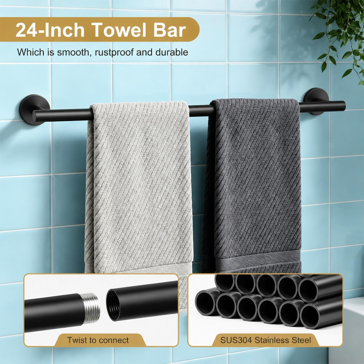 Black Bathroom Accessories Set, 6 Pieces Bathroom Hardware Set Black Bathroom Set, 24 Inch Towel Racks for Bathroom, SUS304 Stainless Steel Bath Towel Bar Set Toilet Paper Holder Wall Mounted
