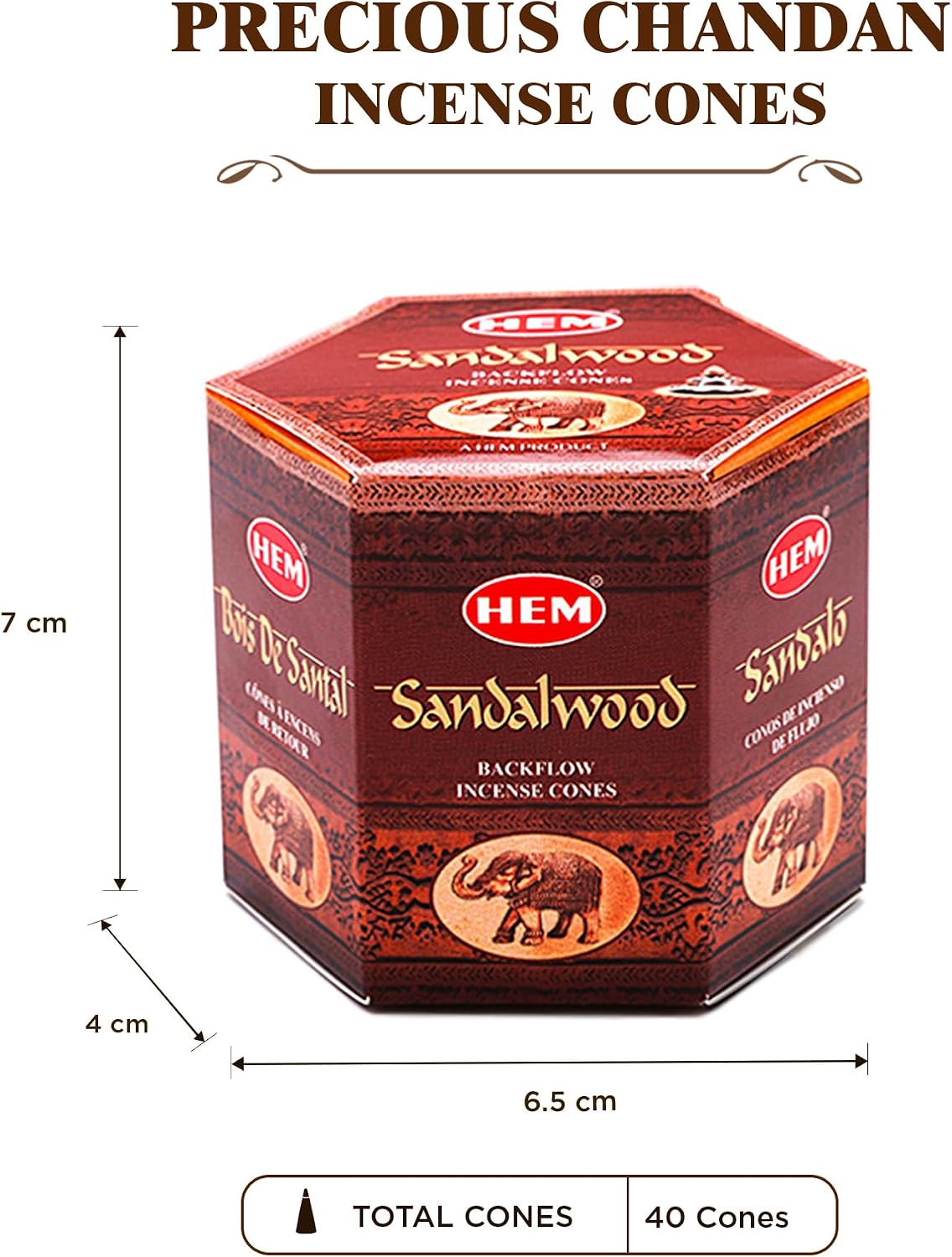 HEM Sandalwood Backflow Incense Cones – Pack of 40 Brown Cones | Long-Lasting Natural Aroma for Positivity, Cleansing & Relaxation | Wood Powder Aromatherapy for Stress Relief & Air Purification