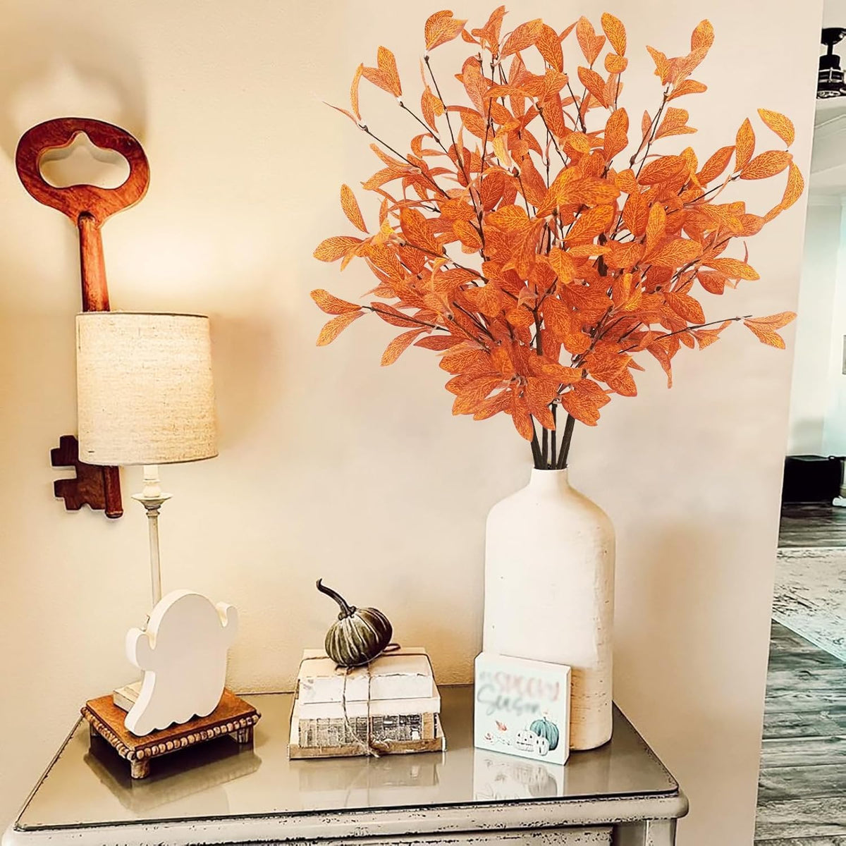 Uieke 18 Pcs Artificial Fall Eucalyptus Stems with Fall Leaves, Orange