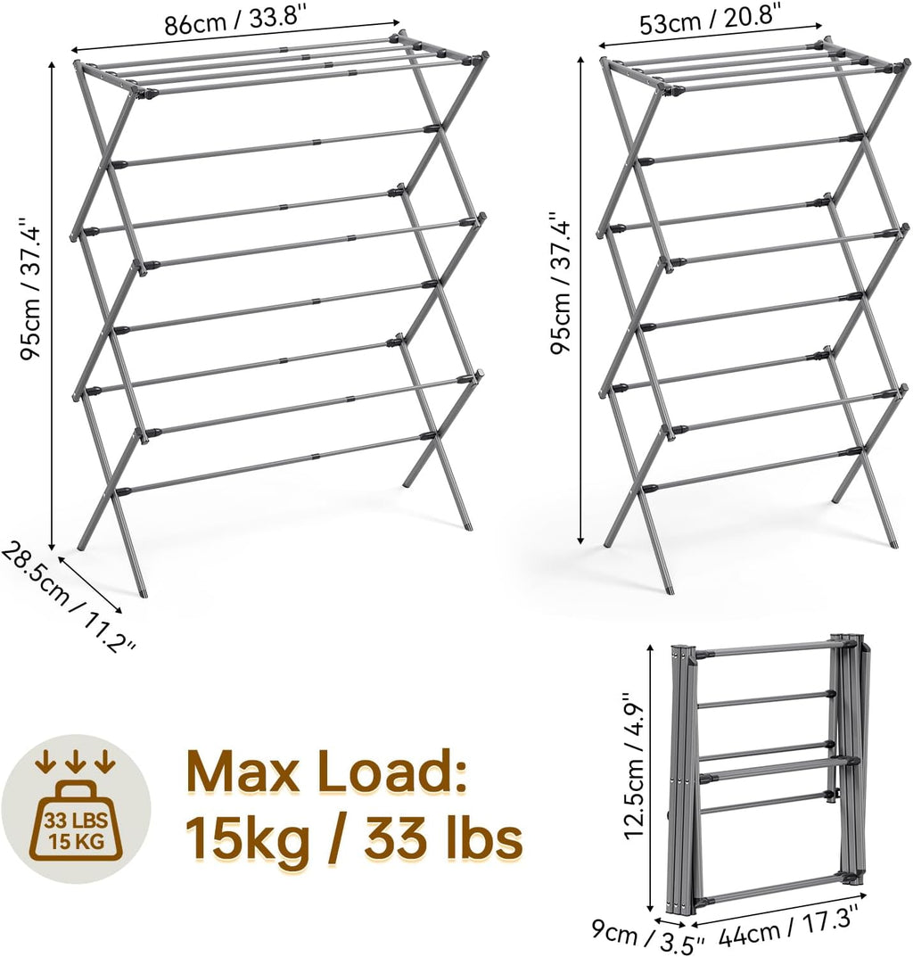 KINGBOARD Clothes Drying Rack, 3-Tier Foldable Extendable, Grey