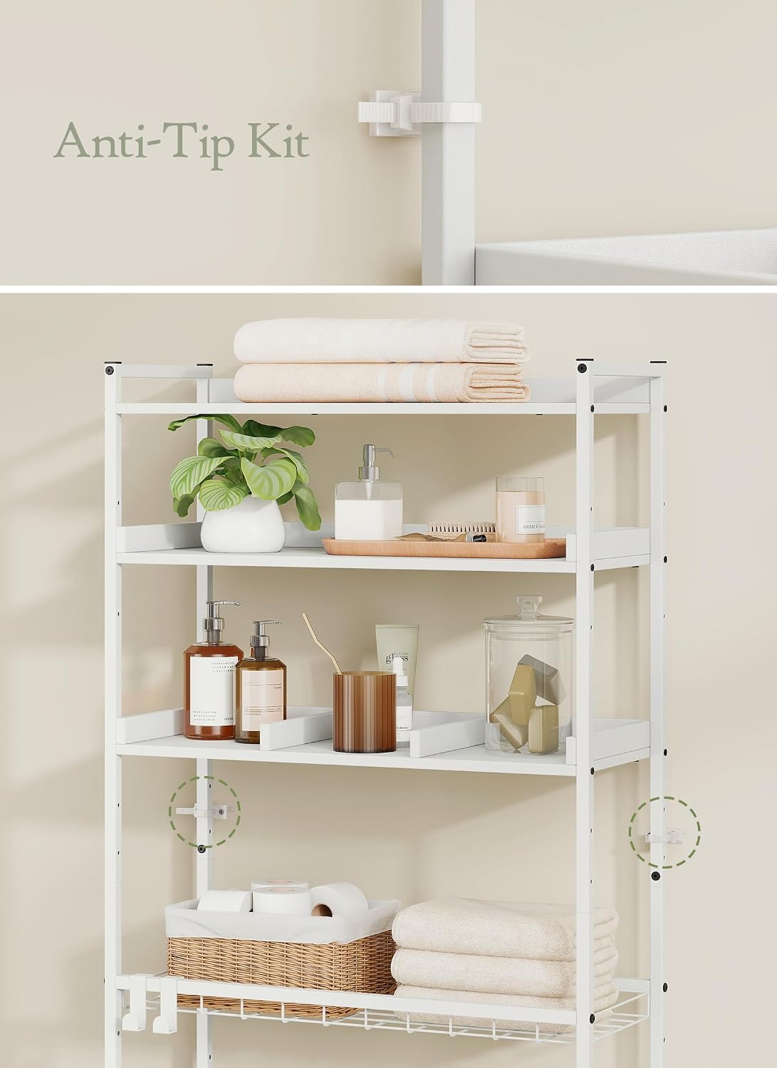Quikraen 4 Tier Over The Toilet Storage Shelf with 3 Adjustable Shelves, Space Saver Bathroom Organizer with 4 Hooks, Freestanding Above Toilet Rack for Restroom Laundry (White)