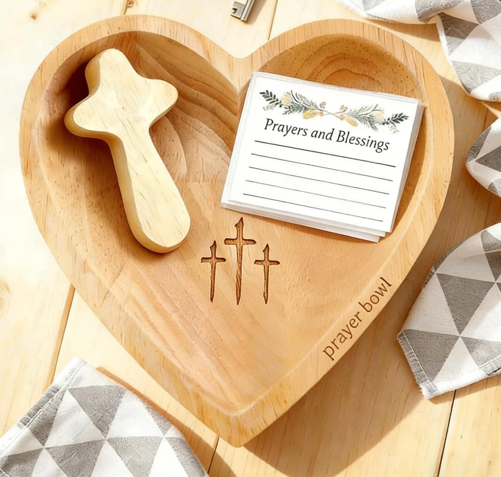 Wooden Prayer Bowl with 24 Cards & Pine Cross, Heart Shaped Christian Premium Solid Heart Container Love Bowl for Home Decor Religious Christmas Men Women Gifts(420g)