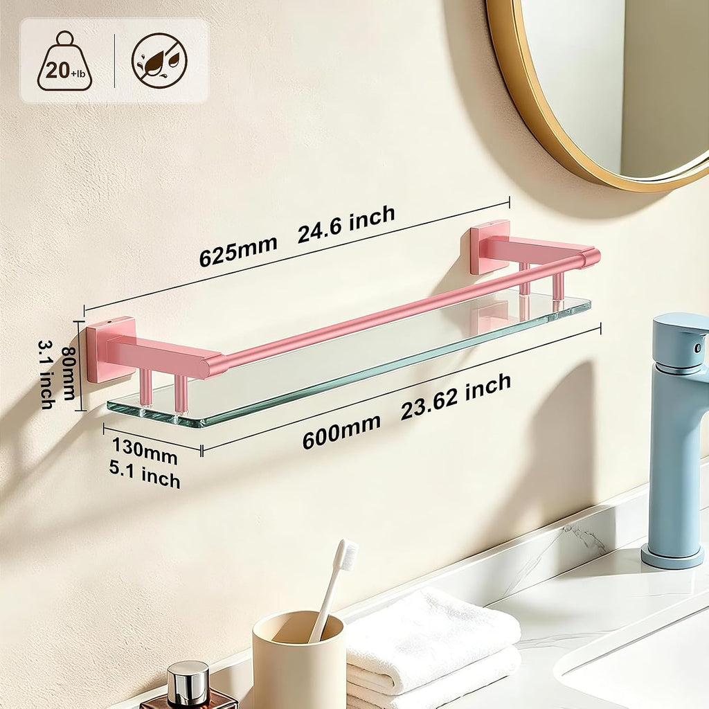 Glass Shelf for Bathroom Rectangular Stainless Steel Tempered Glass Modern Stainless Steel Wall Mount Shelf (Pink, 24″ with Railing)