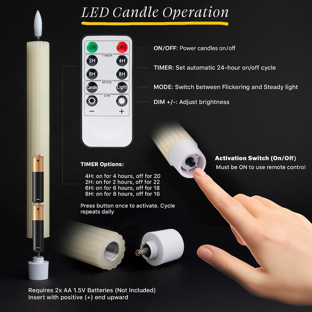 10" Fluted Ribbed LED Ivory Grooved Real Wax Taper Candles, Remote & 24h Timer Memory, On/Off Switch - Flameless Dimmable Battery Operated w/Flicker Mode, Home Wedding Decor (6 Pack)