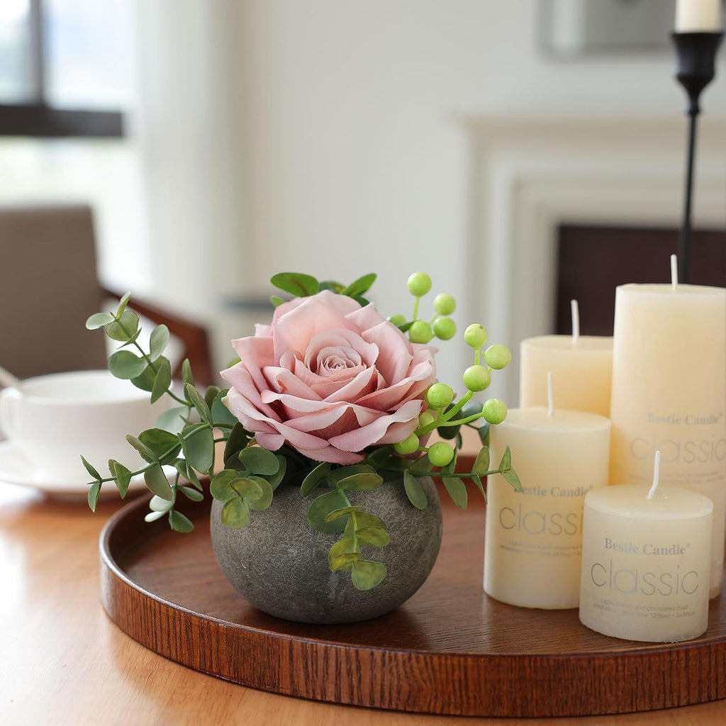 mizii DIY Small Artificial Flowers Potted Kit Fake Flower Realistic Silk Rose and Greenery with Vase for Gifts Table Centerpiece Mantle Office Desk Shelves Living Room Decorations (Light Pink)